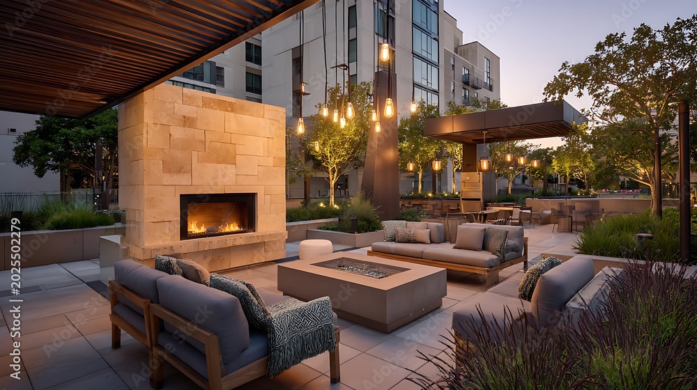 Fototapeta premium Modern Outdoor Patio Lounge Area with Stone Fireplace at Twilight.