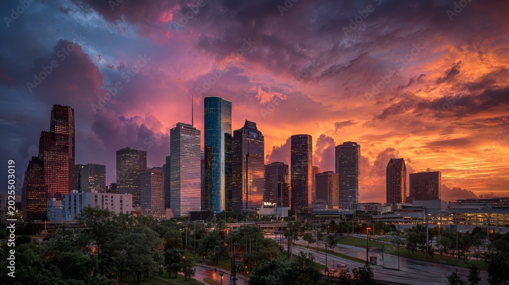 Fototapeta premium Houston city skyline with dramatic sunset sky, July fourth urban cityscape view 
