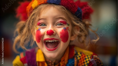 Happy little girl wearing colorful clown makeup and costume.