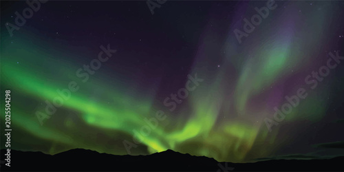 Photography Green and purple aurora borealis glowing in the night sky with northern lights a
