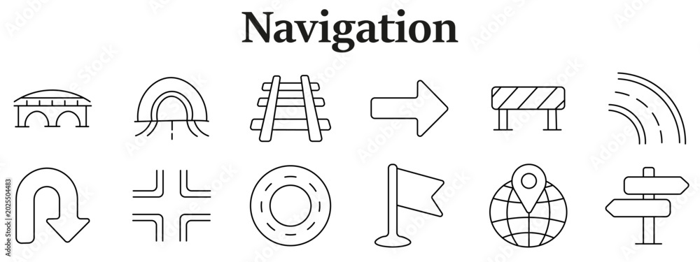Fototapeta premium Navigation direction set icon. Bridge, tunnel, railway, arrow, barrier, curved road, uturn sign, intersection, roundabout, flag marker, globe pin, signpost elements line style.