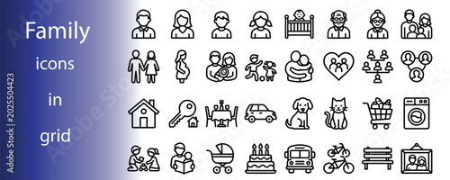 Fotografie Family life linear icons set home relationships and daily activities