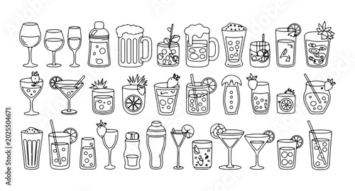Billede på lærred Large collection of various cocktail glasses and mixed drinks with garnish in black and white line art style