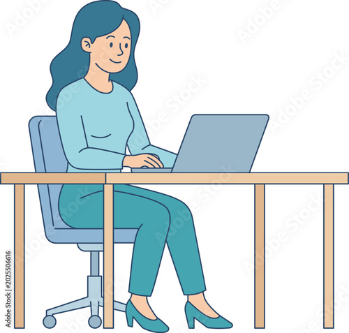 Smiling businesswoman using laptop in office. Girl working remotely from home, outsourcing or telecommuting concept. Female character typing on computer, freelancer, remote worker or student studying.