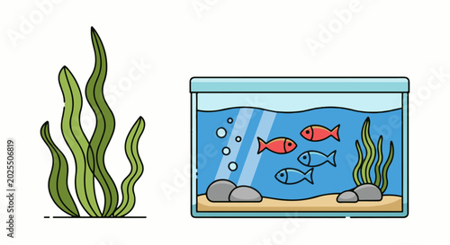 A simple illustration of aquarium life with fish, plants, and rocks