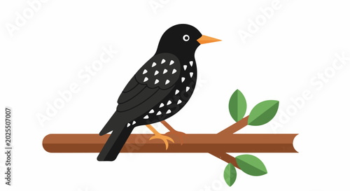 A stylized black bird with white speckles sits on a brown branch with leaves