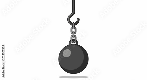 A heavy, dark ball hangs by a metal chain and hook