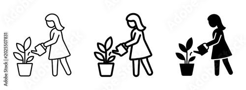 Minimalist Line Icon Set Woman Watering Plant for Gardening App