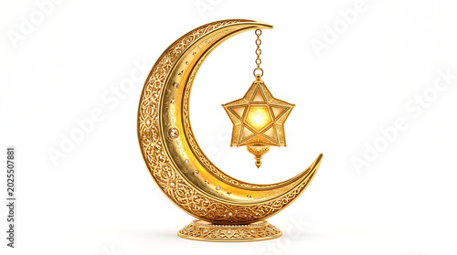 Ornate golden crescent moon sculpture with hanging glowing star lantern isolated on white background for religious celebration design