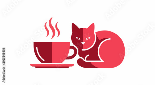 A stylized red cat rests beside a steaming cup of coffee on a saucer