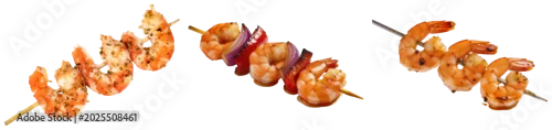 Obraz  z motywem Three skewers of grilled shrimp, one with red onion and bell pepper, isolated on transparent background