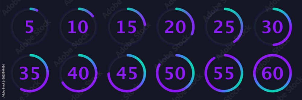 Fototapeta premium Circular loading progress collection in neon style. Set of countdown timer and futuristic percentage interface elements