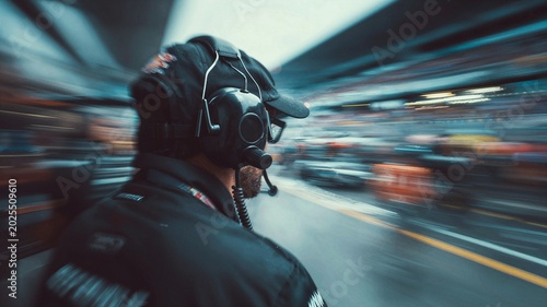 Motion-blur view of a motorsport pit crew engineer in a busy Formula racing pit lane.