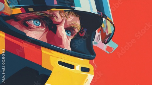 Colorful vector illustration of racing driver helmet with intense blue eyes.