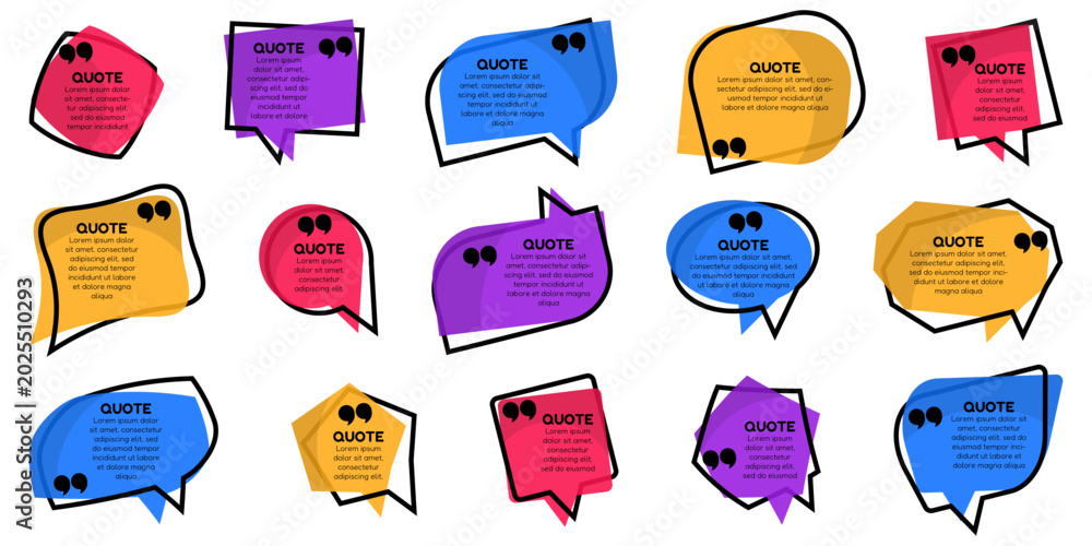 Fototapeta premium Quote bubble collection in colored style. Set of speech frame, comment and citation dialog elements