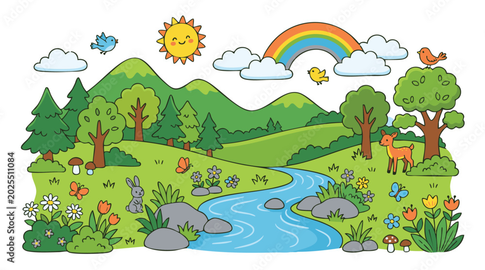 Obraz premium Vibrant cartoon landscape with rolling hills, a flowing river, lush trees, and diverse wildlife under a sunny sky with a rainbow