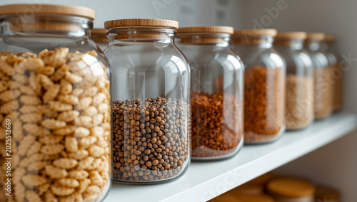 A row of clear glass jars filled with various dry goods and spices, neatly organized on a white shelf.