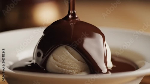 Chocolate sauce drizzling onto vanilla ice cream in white bowl