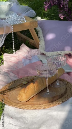 Aesthetic Picnic Setup With Baguette And Wine Glasses Video