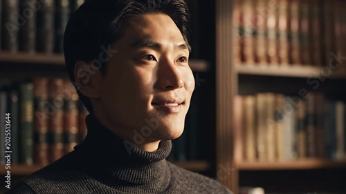 Pensive Asian man in dark turtleneck sweater in library