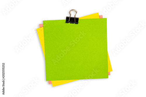 Fényképezés Stack of Colorful Square Sticky Notes Binder Clipped Isolated on Transparent Background