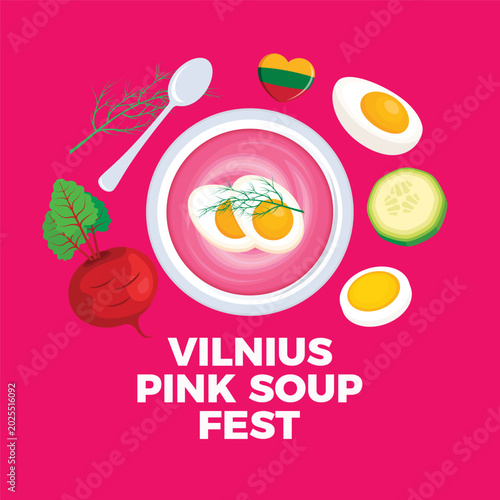 Vilnius Pink Soup Fest poster vector illustration. Bowl of saltibarsciai cold soup vector. Pink soup with beetroot, cucumber, egg and dill icon set. Template for background, banner, card