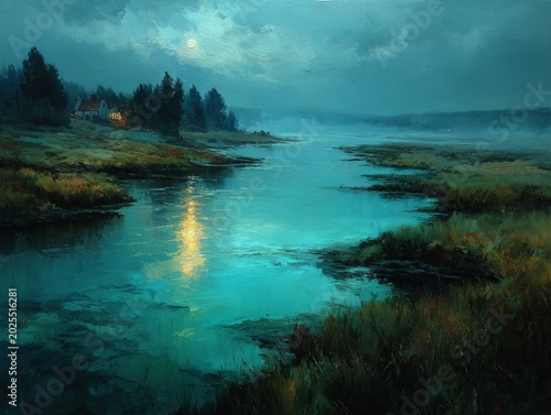 Serene River Landscape at Dusk - A Tranquil Scene of Natures Beauty.