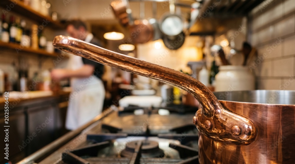 Obraz premium Copper pot handle on a restaurant stove, chef in background