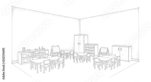 Fotografía Empty Classroom with Tables and Chairs.