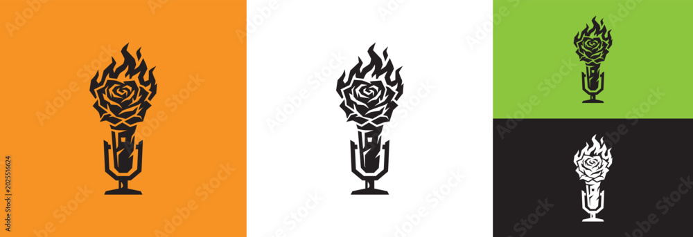 Fototapeta premium Fiery rose on microphone logo emblem.