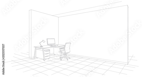 Photography Minimalist Home Office Setup with Desk Chair and Computer.