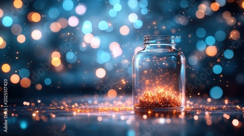 A beautifully captured jar filled with sparkling lights, set against an enchanting backdrop of colorful bokeh that evokes feelings of magic and wonder in a dreamy setting.