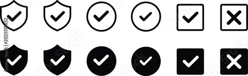 Vector illustration of a black and white abstract shield symbol set with glossy web buttons, navigation icons, and shiny circle badges