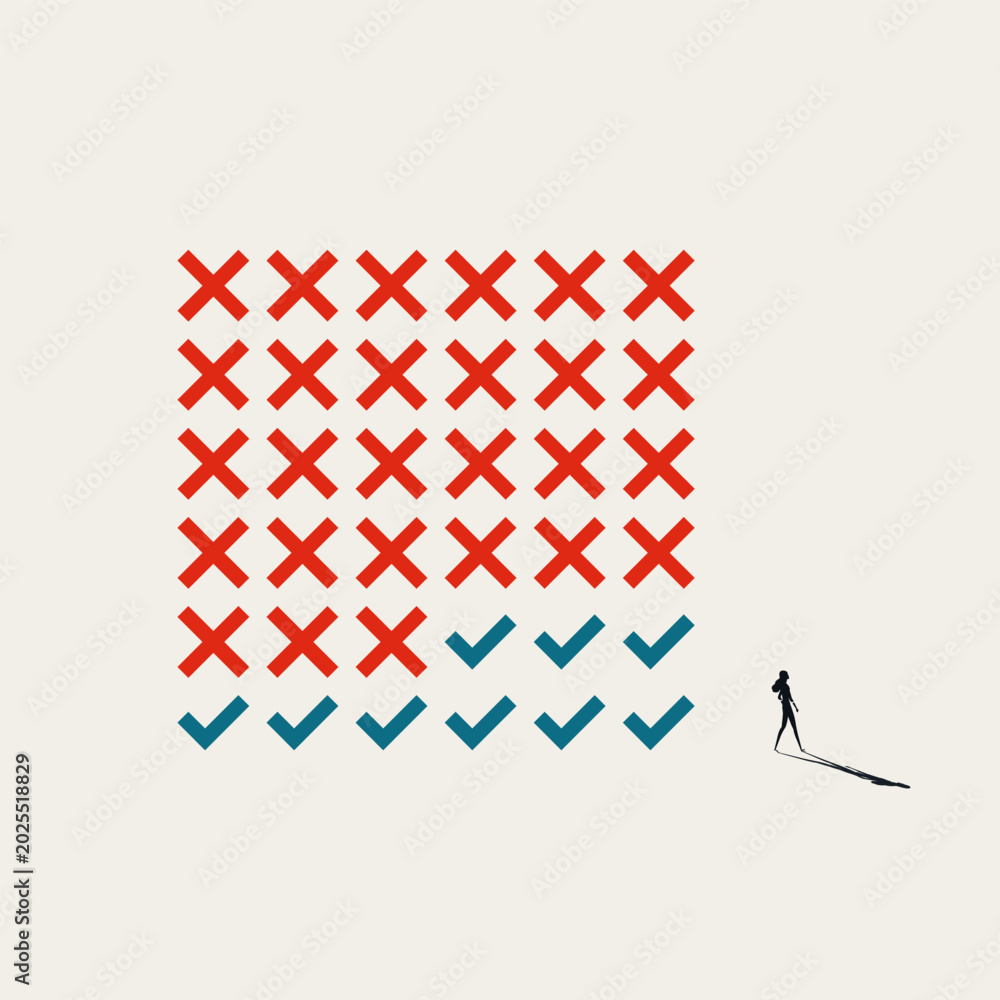 Obraz premium Silhouette of a businesswoman walking beside a grid of red crosses that turn into blue check marks. Minimal vector concept illustration for overcoming failure and achieving corporate success.