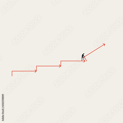 Silhouette of a businessman assembling ascending red arrows to create a staircase. Minimal vector concept illustration for corporate growth strategies and career development.