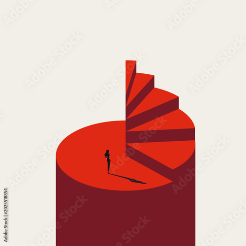 Silhouette of a businesswoman standing on a massive red pie chart that forms a winding spiral staircase. Minimal vector concept illustration for corporate financial growth and market share ambition.