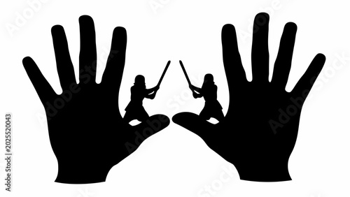 Vector illustration of samurai battling on hands symbolizing conflict and struggle