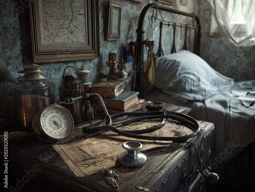 Vintage Doctors Office Still Life - Medical Instruments and Antique Decor.