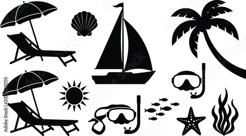 Bild auf Leinwand Summer vacation silhouettes beach umbrella deck chair sailboat and marine life