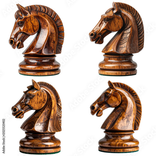 Antique chess pieces, made of wood and metal, are placed separately on a white background.
