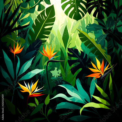 Vibrant tropical jungle scene with bird of paradise flowers and lush greenery, Sunlight filtering through leaves