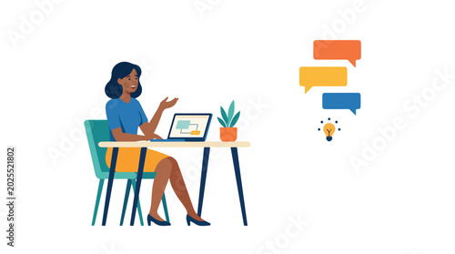 Photos A professional woman works at her desk with a laptop, surrounded by speech bubbles and a lightbulb icon symbolizing innovation
