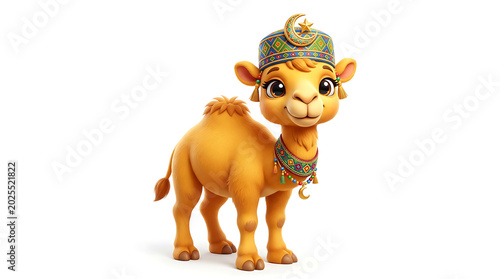 Cute 3d cartoon camel wearing traditional ornamented hat and necklace isolated on white background for islamic holiday celebration