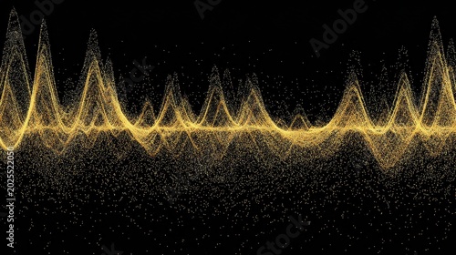 Abstract golden particle sonar wave pattern on a seamless black background.