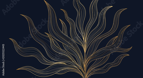 Elegant gold line art leaves on dark blue background, luxury botanical vector illustration, golden floral foliage pattern for premium branding