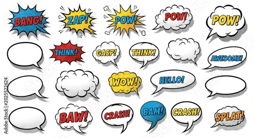 Photos Collection of comic book speech bubbles and sound effects.