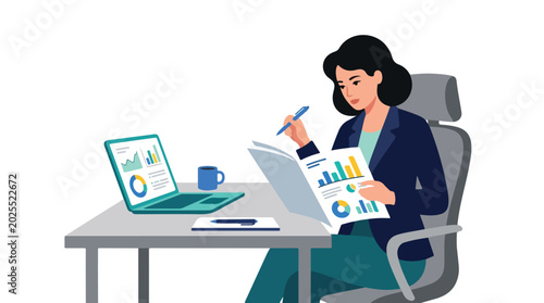 An illustration of a professional woman reviewing financial data and business charts on her laptop and in a folder at her office desk.