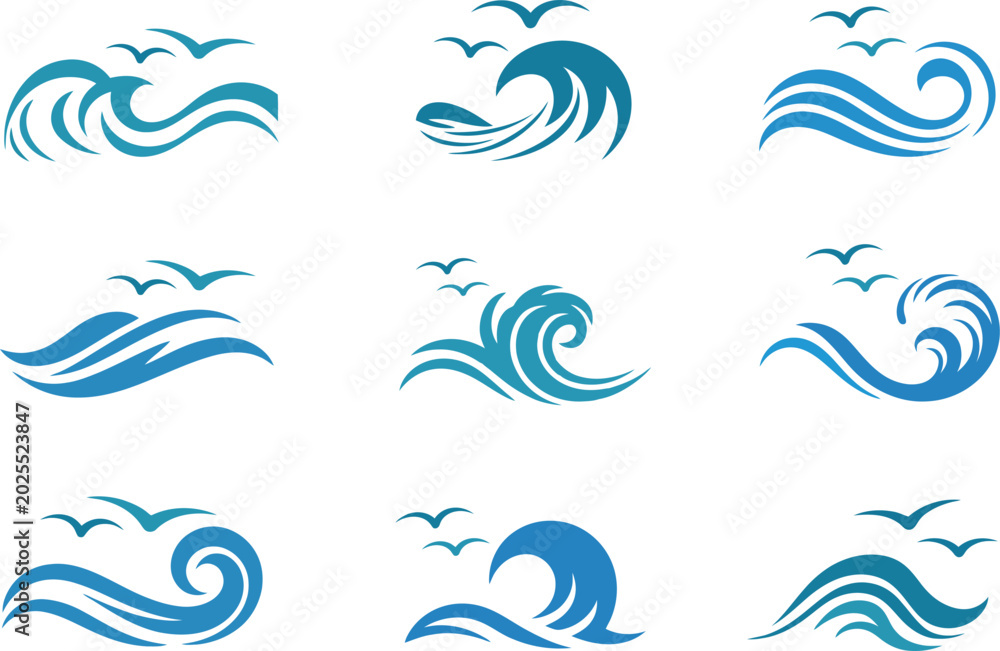 Fototapeta premium Ocean Waves Set with Flying Seagulls Blue Sea Splashes Graphic