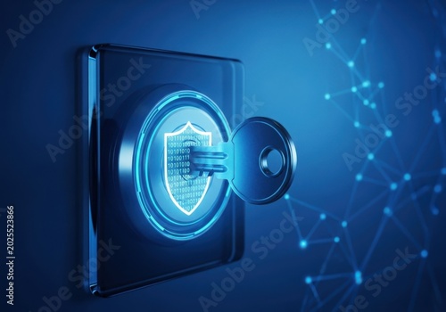 3d illustration of a key inserting into a digital lock symbolizing cybersecurity and data protection