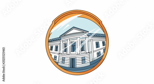 Convex mirror reflects a white building with blue-tinted windows and a blue roof
